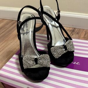 Charlotte  Russe Black Heels with Rhinestone Silver Bow